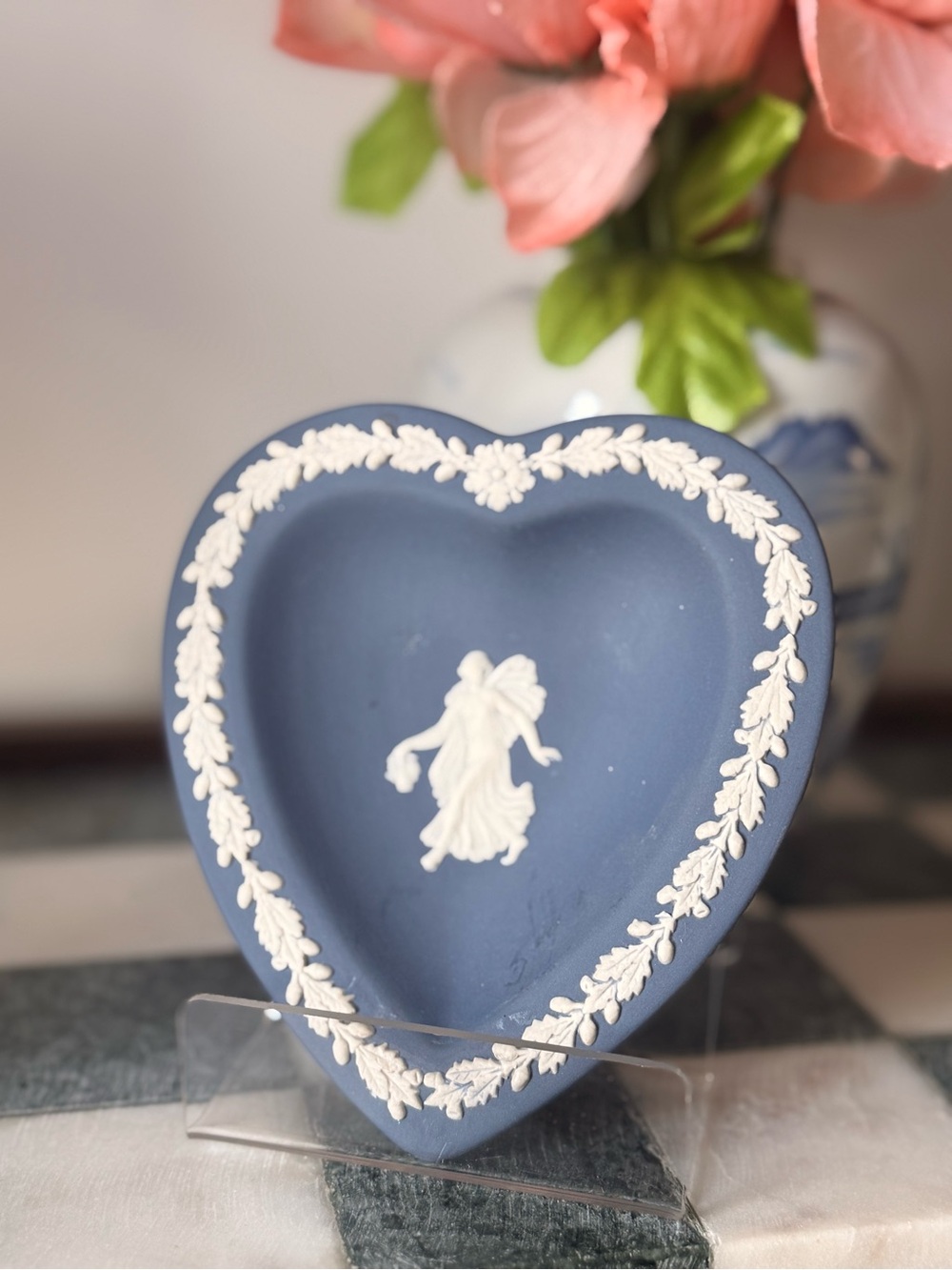 Wedgwood Blue Jasperware Heart Dish with White Relief